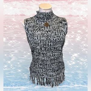 F.L. Malik Black and White Fringe Mock Nexk Sleeveless Knit Y2K Top Size S